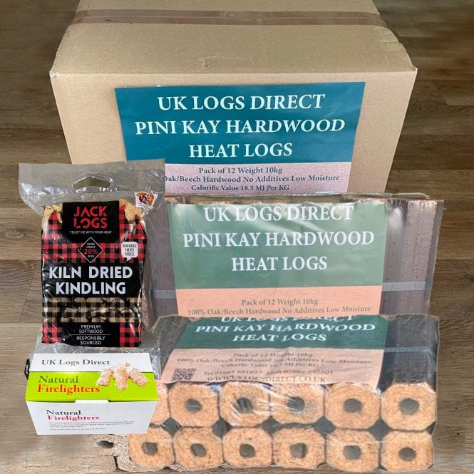 20kgs Box Of 24 Pini Kay Heat Logs Firelighter Pack Delivered
