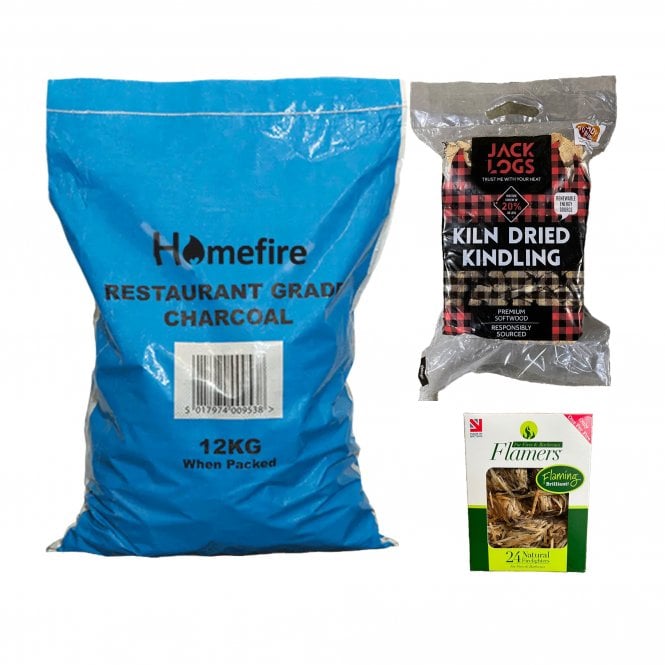 BBQ Bundle 1 Bag Restaurant Charcoal 24 Flamers 1 Net Kindling